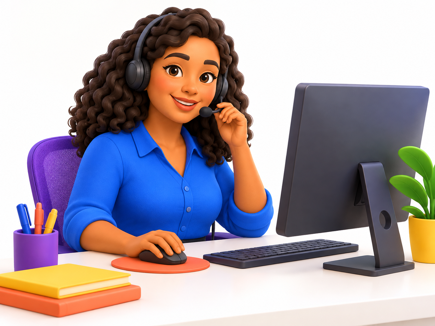 Ilustração de uma profissional de telemarketing com headset em seu posto de trabalho